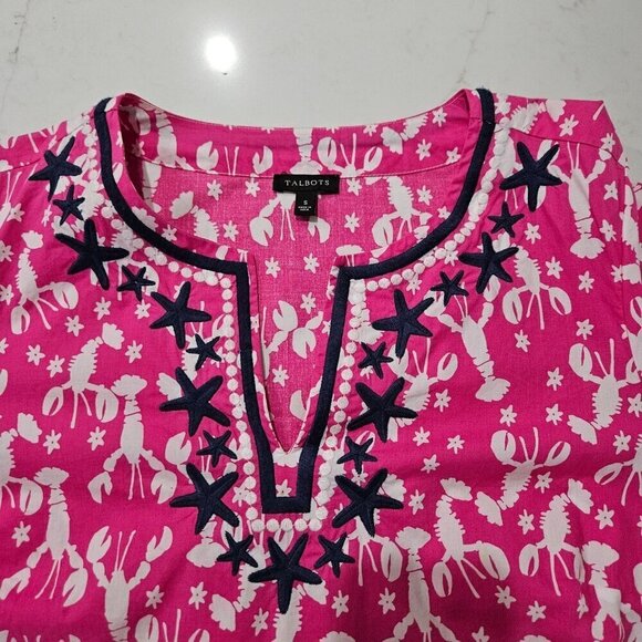 Talbots Size Small Tropical Coastal Embroidered Lobster Rockstar Tunic Top Pink - Picture 4 of 9
